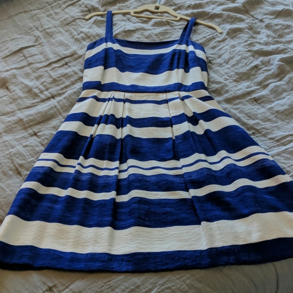 Sleeveless Blue & White Strap Dress, Bottom Flare